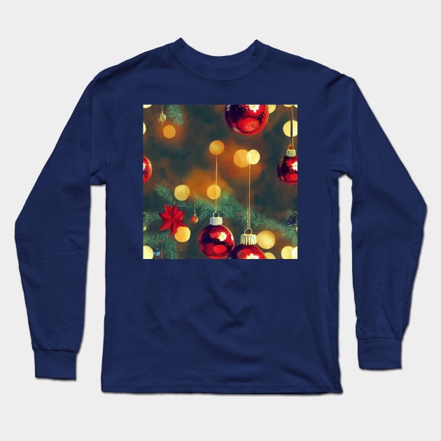 Watercolor Christmas Tree with Ball Ornaments and Lights Bokeh Long Sleeve T-Shirt by VintageFlorals